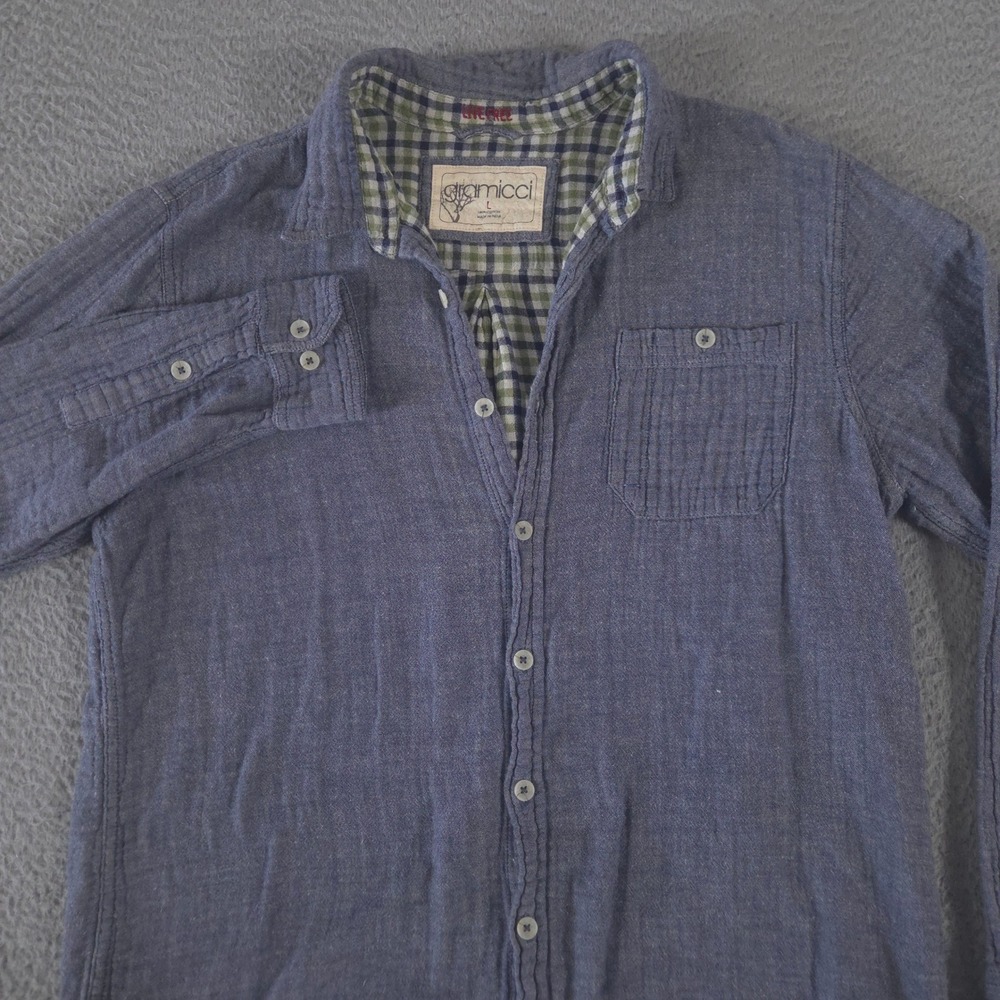 Gramicci Shirt Mens L Blue Cotton Gauze Plaid Lined Long Sleeve Live Free Pocket